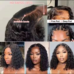 Brazilian Deep Water Wave Curly Bob 100% Human Hair Wigs Natural Black Deep Wave HD Lace Front 13x4 13x6 Transparent Lace Wigs