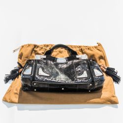 Gucci Black Python Snakeskin Leather Medium Race Tote Bamboo Handbag