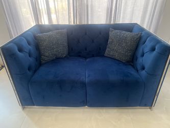 Navy Blue Velvet Tufted Loveseat with Chrome Frame