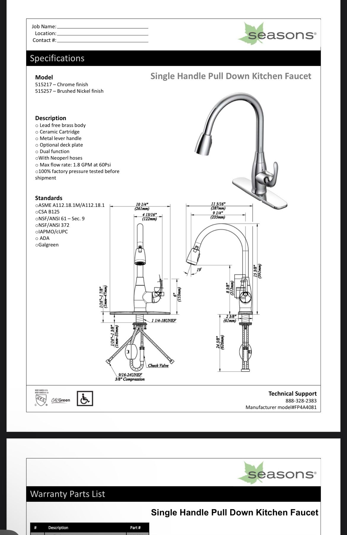 Seasons Anchor point single handle pull down faucet, Brushed Nickel