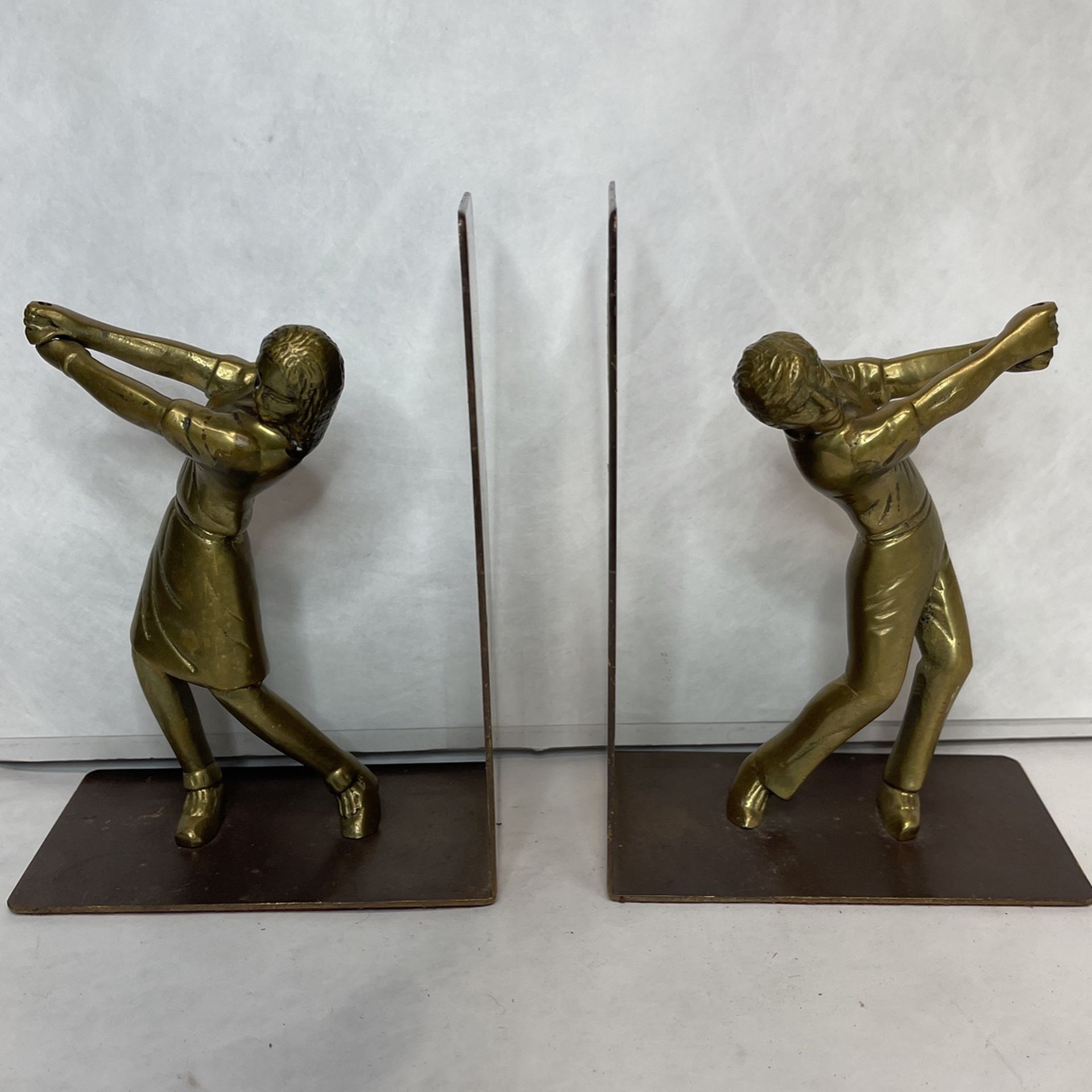Vintage Solid Brass Female &Male Golfers Bookends 