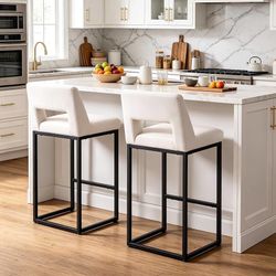 Counter Height Black and White Bar Stools Set of 2 for Kitchen Counter Modern Bar Chairs with Backs for Kitchen Island with Upholstered Fabric Seat an