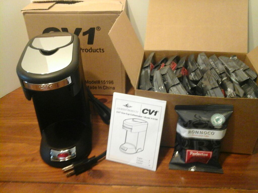 New courtesy products CV1 one cup coffee maker & 18 packs ronnoco coffee