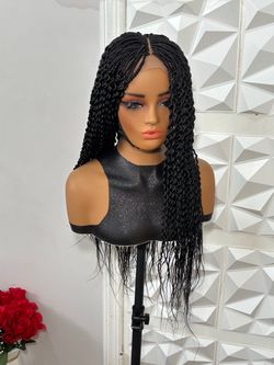 24 Inch Handmade Curly Braided Closure Wig Black Lightweight Natural Density Low Ponytail