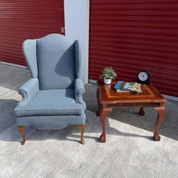 Blue Patterned Wingback Accent Chair – Queen Anne Style