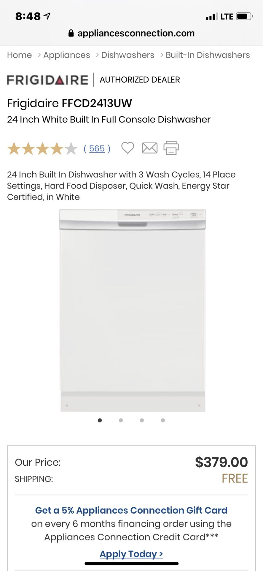 NEW! Frigidaire FFCD2413UW White dishwasher w/slim top console (includes install kit $29 value) - Sells for $379+