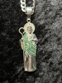 New 925 Mexican Silver San Judas Pendant w/ Green CZ