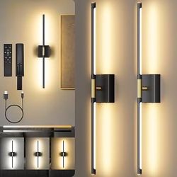 SyncGlow Battery Operated Wall Sconces Set of Two, 10000mAh Rechargeable Wall Lights with Remote Control, 360° Rotate Dimmable black and Gold LED Cord