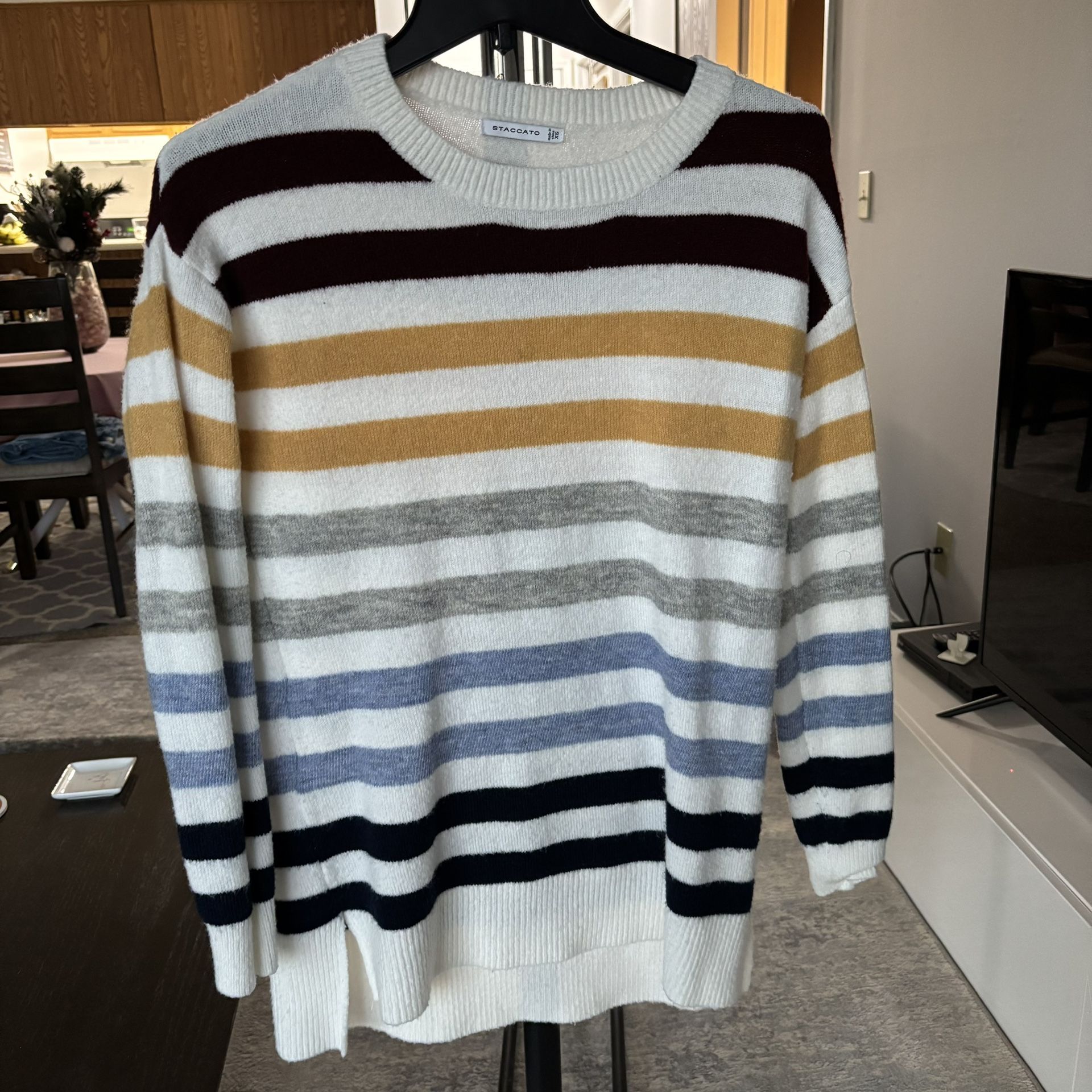 Women's Stacato Long Sleeve Crew Neck Striped Color Block Comfy Loose Oversized Knitted Pullover Sweater XS