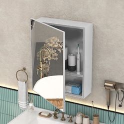 14x18 Medicine Cabinet Mirror with Storage, Pre-Assembled Medicine Cabinets for Bathroom, Recessed or Surface Mount Small Silver Mirrored Medicine Cab