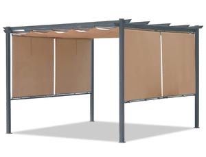Aoodor Outdoor Retractable Canopy Pergola with 4 Pieces Roller Shade Curtain, Khaki