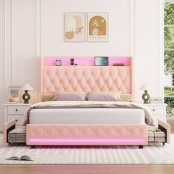 Queen Size LED Bed Frame with Storage, Charging Headboard,Pink Velvet Crystal Button-Tufted Princess Queen Size Platform Bed, 2 Drawers, No Box Spring