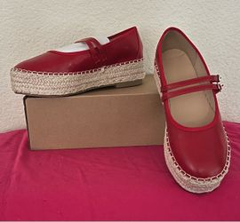 Red Leather Mary Jane Espadrille Flats