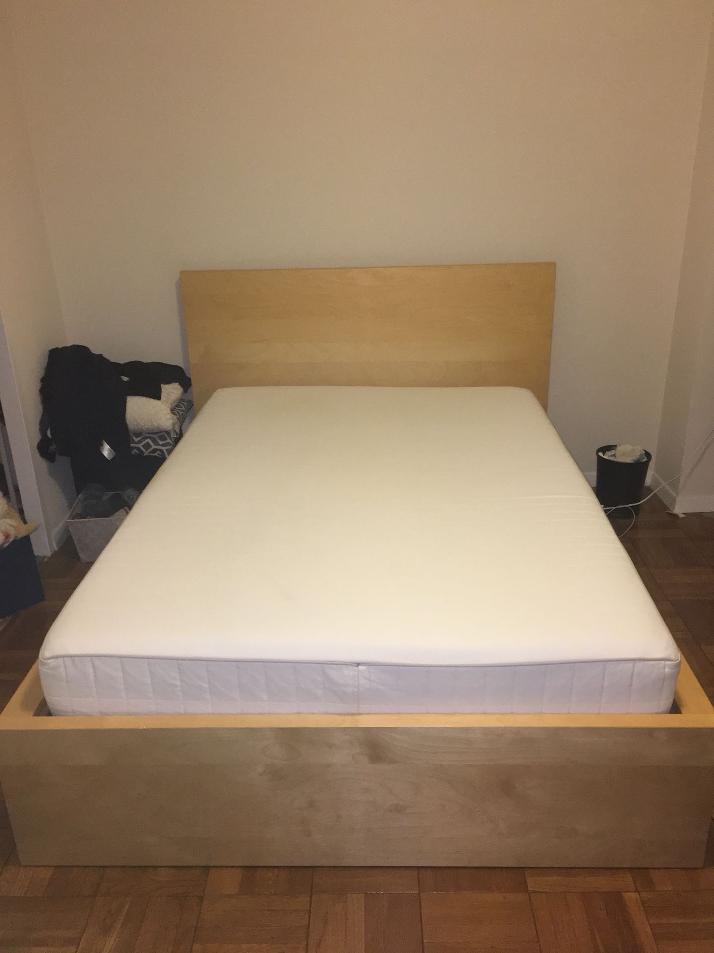Full sized wooden bed frame and mattress