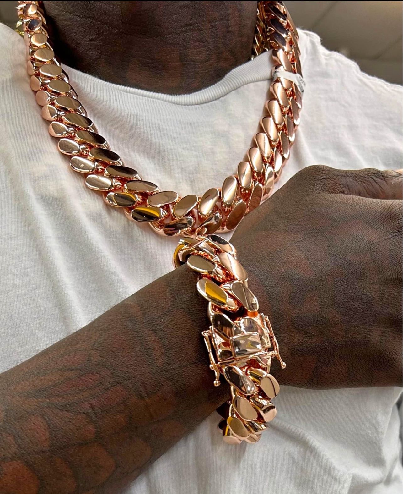 20mm Miami Cuban Link Rose Gold Plated Set Chain & Bracelet 18k & 14k