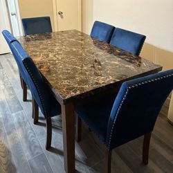 7 Piece dining Room Set Blue Velvet Chairs & Real Marble Square Table $700