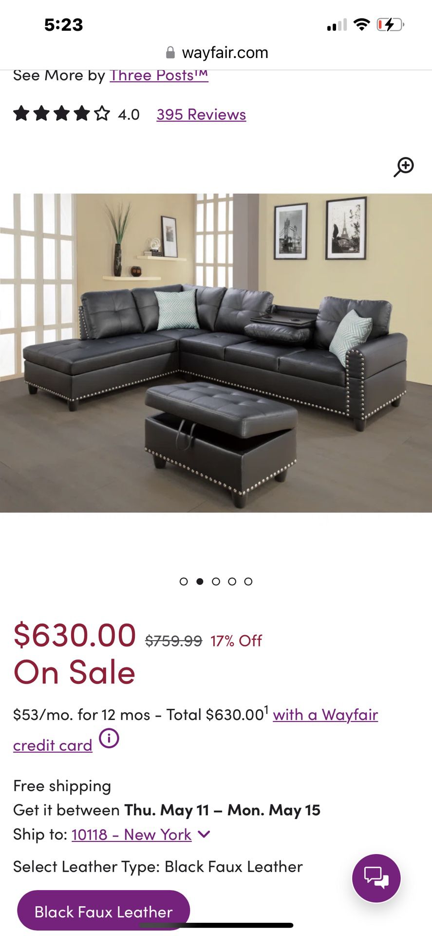 Black Leather Sectional Couch, W/ottoman 