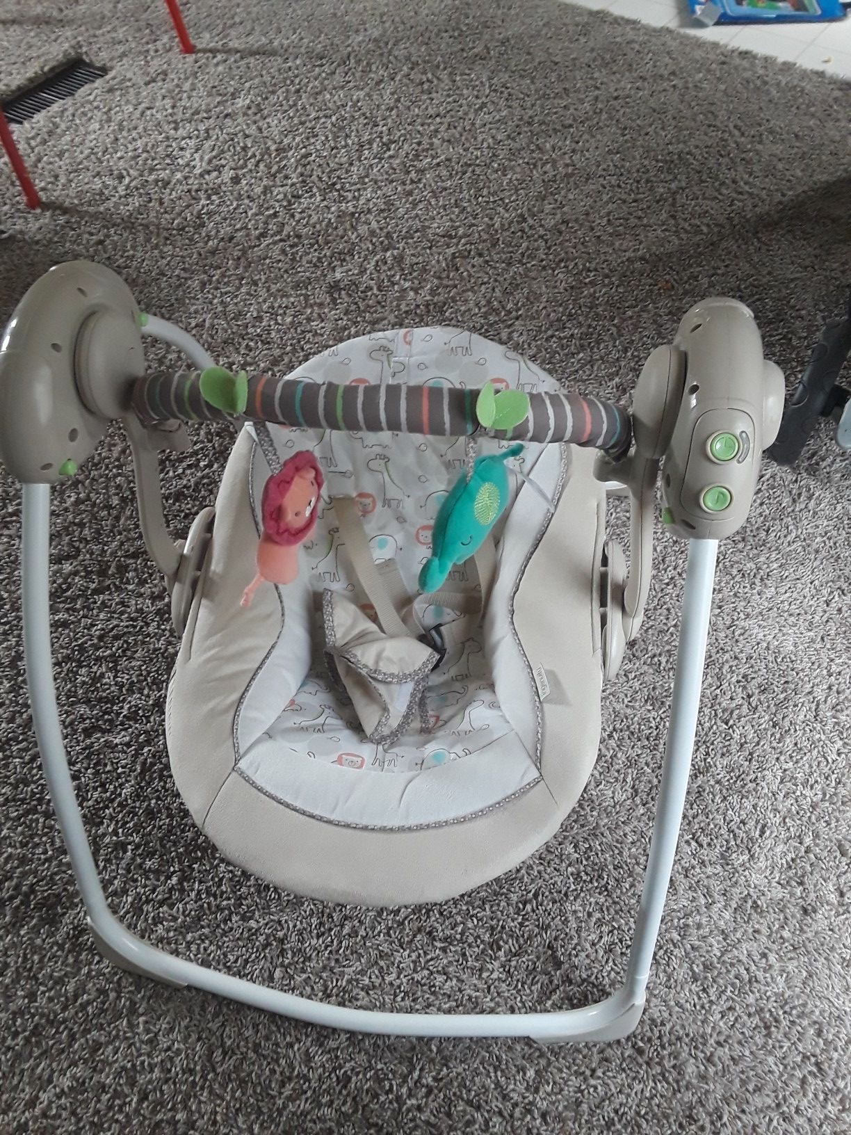 Baby swing sings and moves with batteries C. It is very relaxing for your baby.