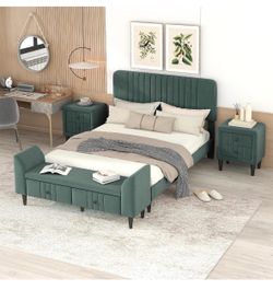 Brand New Green Velvet Storage Bench + 2 Matching Nightstands