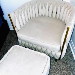 Velvet Accent Chair with Ottoman, Chair w/Solid Gold Metal Frame, Pillow, Upholstered Single Sofa Chair w/Footrest, 