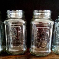Set 4 Vintage Square Mason Jars Clear Quart Glass Raised Embossed Tomato Design