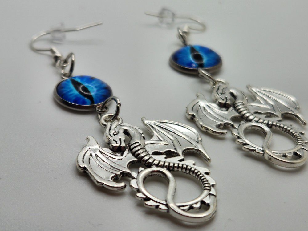 Blue Eyed Silver Dragon Earrings