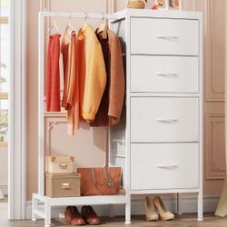 Dresser with Hanging Rack, 4 Drawers Small Dresser for Bedroom, Reversible Fabric Kids Chest of Drawers for Closet with Clothes Rack, Tall Storage Tow