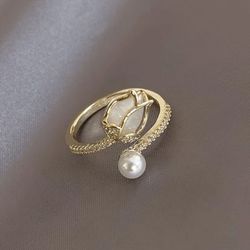 Personality Tulip Imitation Pearl Zircon Ring Classic Elegant Women's Open Adjustable Finger Ring Jewelry
