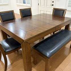 Solid Wood Dining Table Set (Expandable) with Black Faux Leather Seats