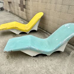 1960s LE BARRON FIBRELLA LOUNGE CHAIRS (PAIR) MCM AQUA & YELLOW ATOMIC AGE (Restoration Project) 
