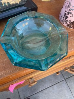 Vintage blue glass ashtray 6"