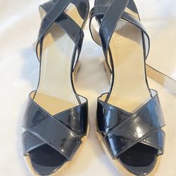 Black patent leather espadrille sandals