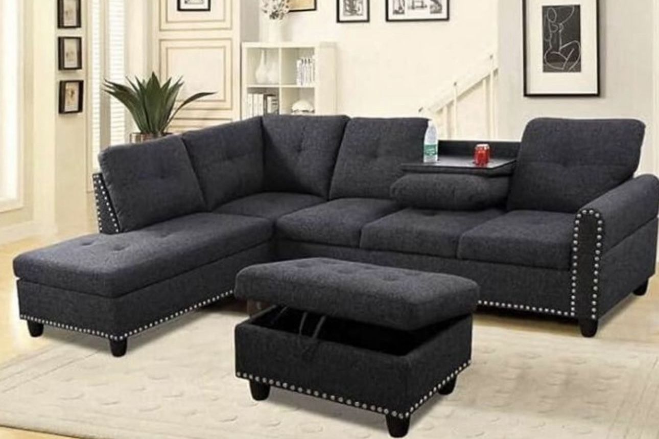 Charcoal Linen Sectional Couch With Drop Down Table