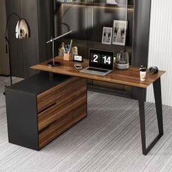 Reversible L-Shaped Brown Wood Writing Desk 