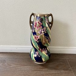 Floral Ceramic Vase With Handles 15 Inches Tall