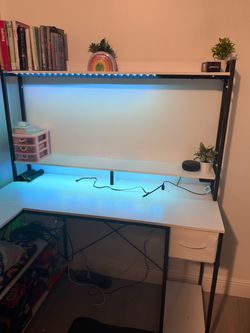 L-Shaped Corner Desk with Hutch, LED Lights & Charging Ports