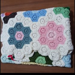 Handmade Crochet Blanket Afghan Throw Hexagon Granny Square Floral Colorful
