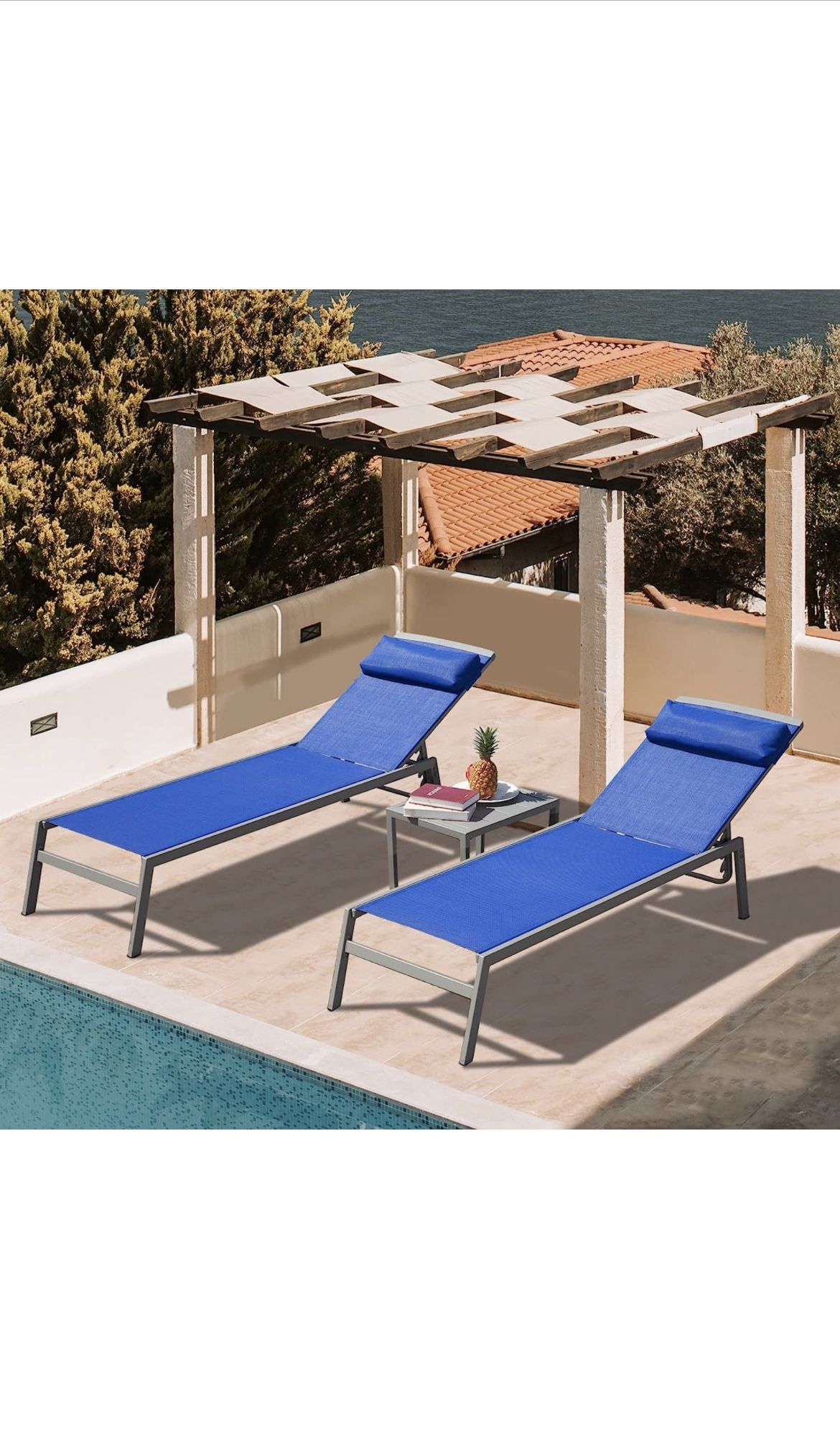 3 Pieces Adjustable Aluminum Backrest Pool Lounge Chairs With Table - New In Box
