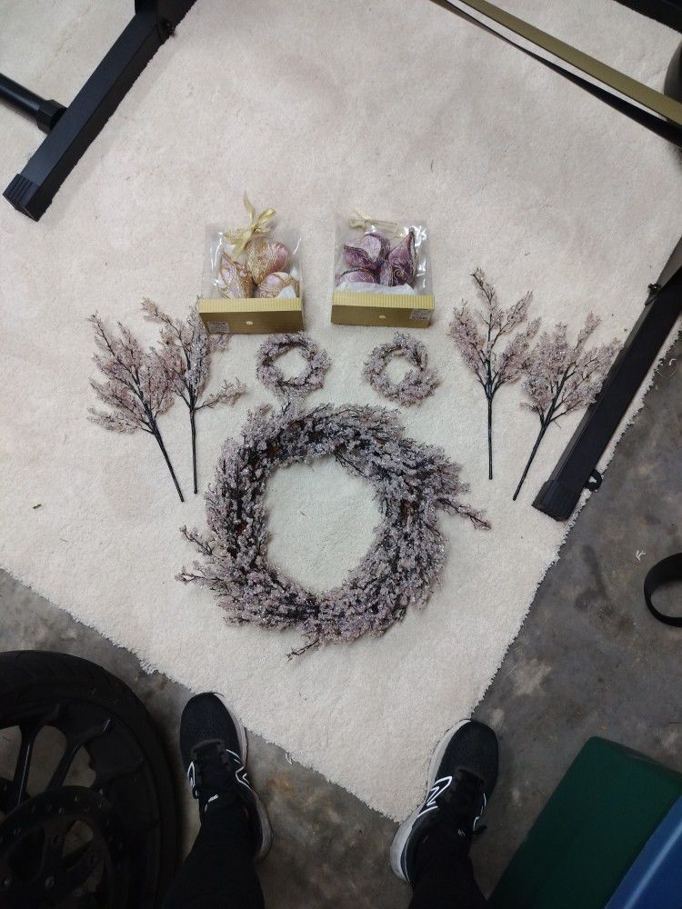Lavender Ice Crystal Wreath, Candle Rings, Branches And Ornaments