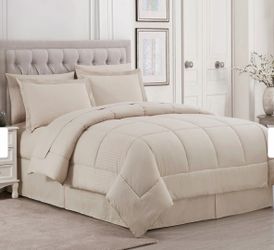 8 Piece Embossed Dobby Stripe Bed In A Bag All Season Complete Set - Beige - Queen