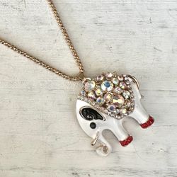 White Enamel Elephant Rhinestone Pendant Necklace 