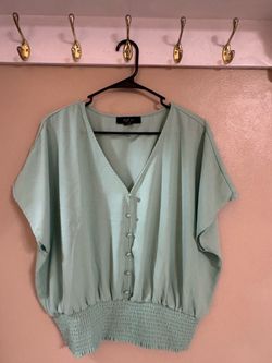 Mint Green Button-Front Smocked Hem Blouse