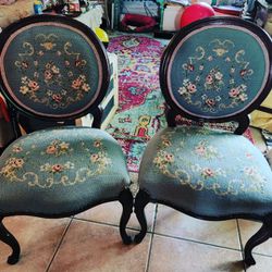 Vintage Handmade Needlepoint Victorian Chair Pair