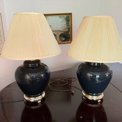 Two vintage Matching Navy Blue Ceramic and Brass Table Lamps