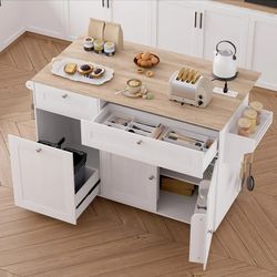 Rolling Kitchen Island on Wheels, Kitchen Islands Cart with Trash Can Storage Cabinet, Portable Island Table with Power Outlet, Drop Leaf, Spice Rack,