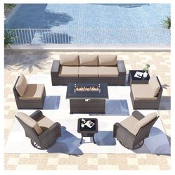 Kullavik 10PCS Outdoor Patio Furniture Set,PE Wicker Rattan Sectional Sofa Patio Conversation Sets with 43" 55000BTU Gas Propane Fire Pit Table,Swivel