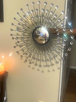 Silver Chrome Metal Framed Sunburst Accent Wall Mirror, Modern Living Room