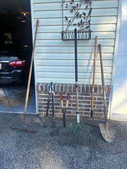 Garden Tool Lot – Rakes, Shovel, Loppers