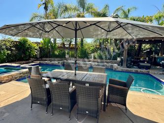 NEW 🔥Outdoor Patio Furniture Dining Set 10 Pc Wicker Acacia Wood Table With 15' Umbrella ASSEMBLED