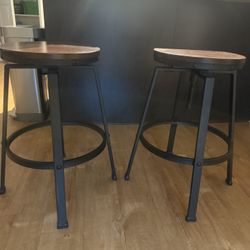 Industrial Bar Stools – Adjustable Wood + Metal Pair 